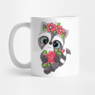 Cheerful raccoon with a bouquet of flowers Mug